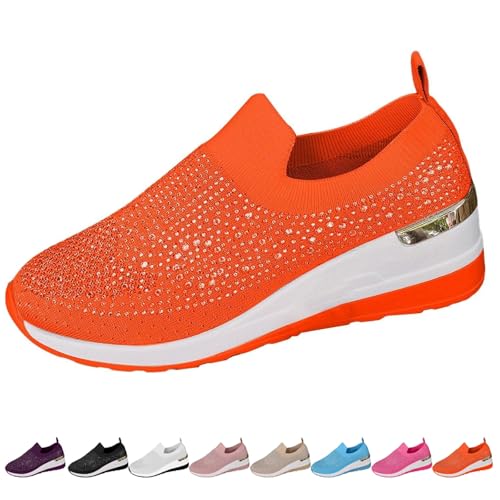 Women's Rhinestone Decor Platform Sneakers Slip-On Outdoor Shoes, Breathable Mesh Sparkly Glitter Tennis Shoes for Women
