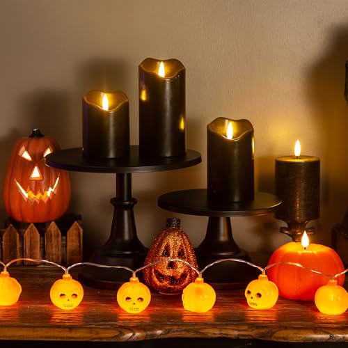 Image of LUSHARBOR Halloween Flameless Candles with Remote, 3 Pack Battery Operated Wax LED Flickering Candles Halloween Home Party Decor for Fireplace /Shelf /Centerpiece Black