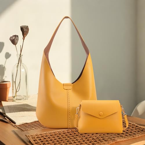 Image of HKCLUF Hobo Bags Purses for Women 2PCS /Set,Soft Vegan Leather Slouchy Shoulder Hobo Handbags with Small Crossbody Bags for Women(yellow)