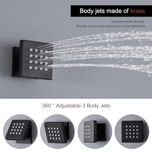 MONDAWE 23" Full Body Thermostatic Shower Jets System, 64-Color LED Music Waterfall Rainfall Luxury Shower Head System with 6 Spray Jets, Ceiling Mount Rain Shower Faucet Set, Matte Black