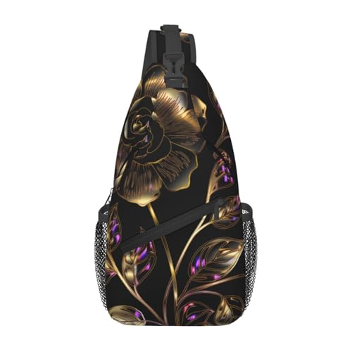 Bolso Cruzado de Pecho para Hombre Negro con Flores Doradas miniatura 1