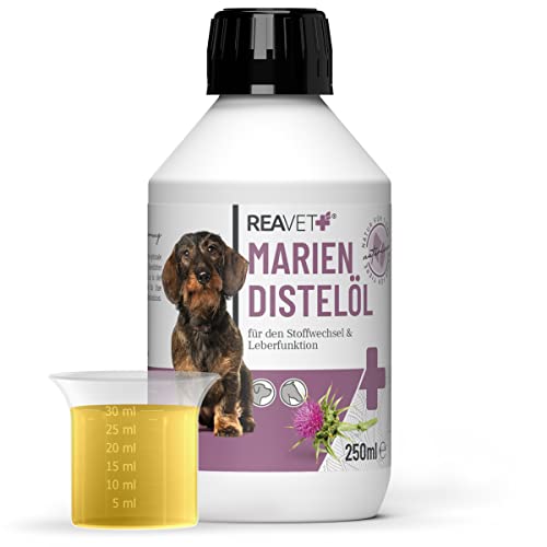 ReaVET Mariendistelöl für Hunde & Pferde 250ml – Naturrein in Lebensmittelqualität – Barf Zusatz, Distelöl Hund, Barf Öl Mariendistel-Öl Hund I Reich an Vitamin E, Omega-6, Omega-9