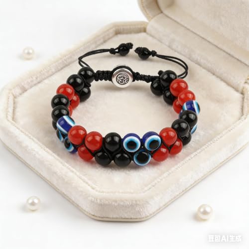 Image of Evil Eye Bracelet for Men Women - Triple Protection Bracelet - Tiger Eye and Black Obsidian Chakra Energy Healing Bracelet - 8mm Beads Good Luck Prosperity and Happiness Crystal Jewelry Stone