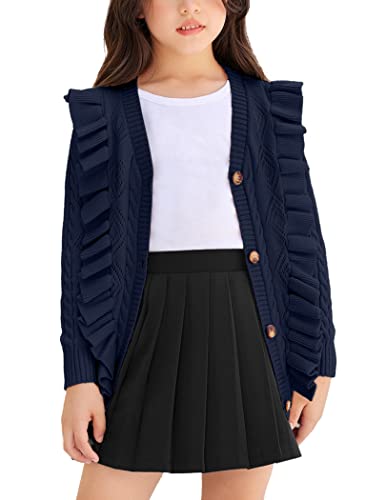 Arshiner Girls' Sweaters Cute Ruffle Trim Cropped Sweater Lightweight Button Down Open Knit Sweater Fall V-Neck Long Sleeve Sweater Blazer Pointelle Y2k Clothes Navy Blue for 9-10 Years