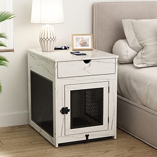 Piskyet Wooden Dog Crate With Storage Drawer&Pad&Tray, Support Wired/Wireless Charging, Dog Crate Furniture Small Dog Kennel Indoor-Marble White #TOP5