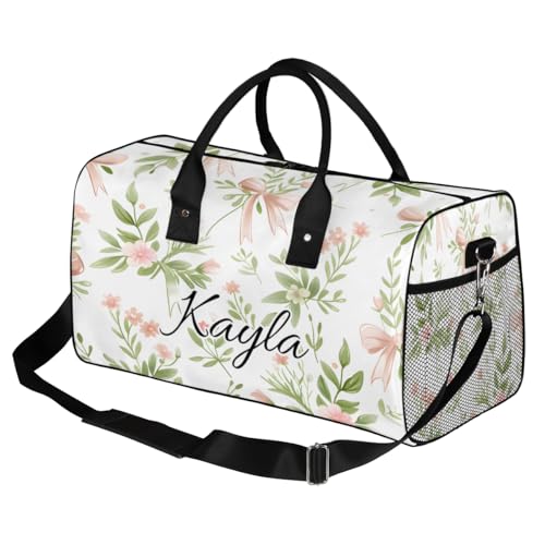 Pink Flower Custom Travel Bag, Personalized Duffle Bag with Initials Name, Green Leaf Sports Dance Gym Tote Bags Weekender Overnight Bags for Women Men2