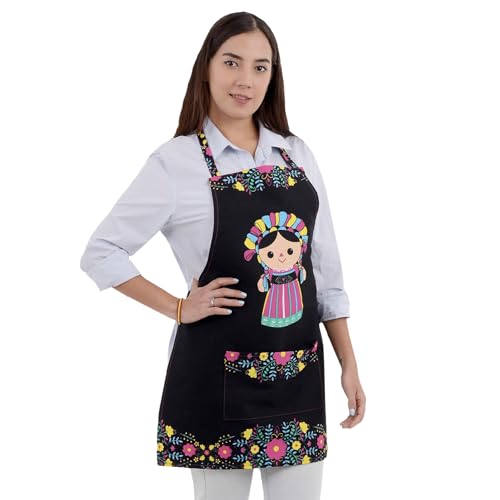 Recopilación de Textiles de cocina más recomendados. 45 Amborella Mandil de Cocina Mexicano Algodón 100% Repelente a Líquidos Delantal Negro para Mujeres y Hombres