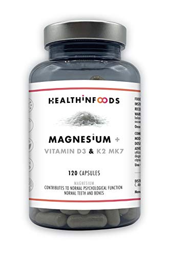 Vitaminas D y K2 MK7 con Magnesio-Healthinfoods-Reduce Cansancio-Sistema Inmune.Alta Dosis: 430 mg de Citrato,Bisciglinato y Óxido de Magnesio+2000 UI Vit.D3 y 30 ?g de Vit.K2-100% Vegano-120 Cápsulas