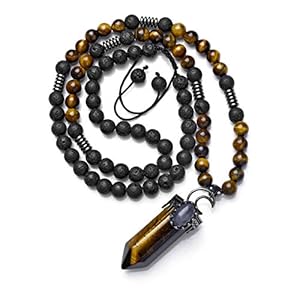 Top Plaza Natural Stone Healing Crystal Tiger Eye Stone Hexagonal Pointed Gemstone Pendant Necklace Crescent Moon Jewelry Adjustable Lava Rock Beads Necklaces for Women Men