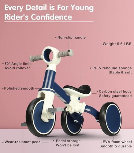 دراجة توازن 4 في 1 للاطفال بعمر 1-4 سنوات، هدية للاولاد والبنات، دراجة ثلاثية العجلات للاطفال بعمر سنة واحدة مع دواسة قابلة للازالة سهلة التجميع (ازرق)