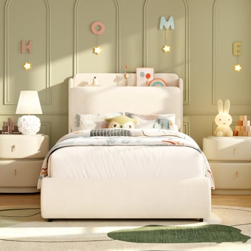 Image of Garvee Twin Size Bed Frame with Recessed Shelf for Kids- Beige