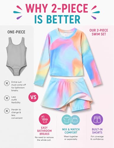 Image of Liberty Pro Girls Two Piece Swimsuits Long Sleeve Rash Guard Set, UPF 50+ Bathing Suit with Swim Shorts for Toddler and Teens