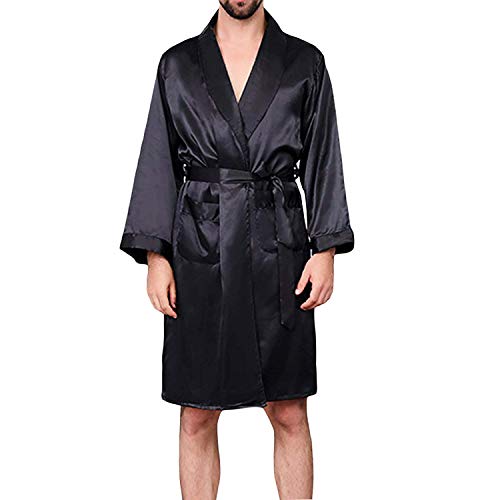 Men's Summer Luxurious Kimono Robe Soft Satin Bathrobe Long-Sleeve Nightgown Printed Pajamas Black, Large/X-Large