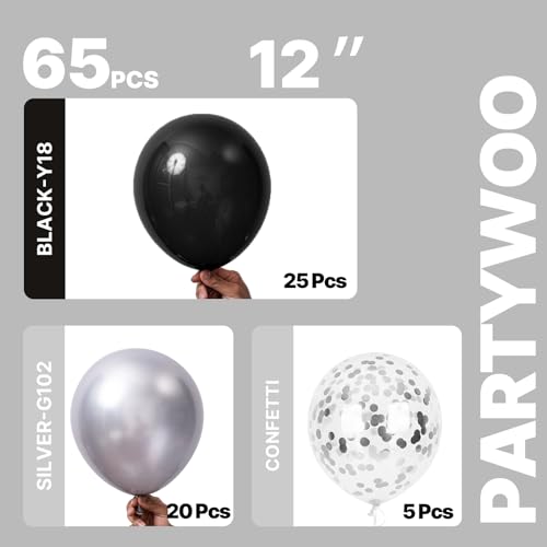 Image of PartyWoo Black and Silver Balloons 65pcs 12 Inch Matte Black Metallic Chrome Silver Confetti Balloons for Graduation Baby Shower Men Birthday Wedding Anniversary New Year's Eve Party Decorations