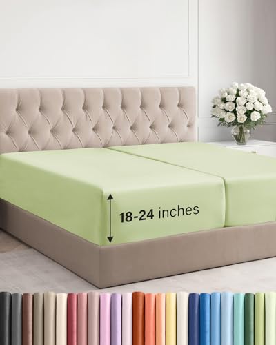 Image of Extra Deep Split King Fitted Sheet - Single Fitted Sheet - Light Sage Green | Easily Fits 18 inch to 24 inch Mattress, Soft, Wrinkle Free, Breathable & Comfy, Extra Deep Pockets Hotel Luxury Fitted Sheet