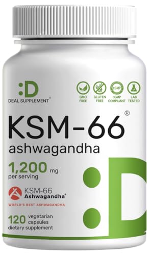 KSM 66 Ashwagandha 1 200mg with Black Pepper 120 Veggie Capsules Extra Strength Root Extract High Absorption Adaptogenic Supplements for Relaxation Energy & Brain Health Non-GMO