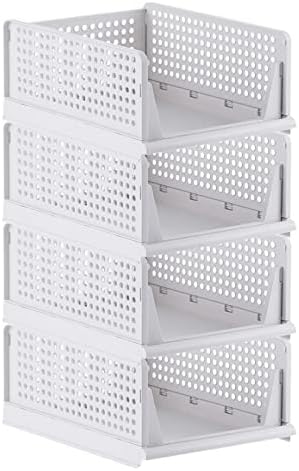 CTSNSLH 4 Pack Folding Closet Organizers Storage Box Plastic Closet Organizer,Stackable Plastic Storage Basket,Drawer Organizers for Clothing(White)