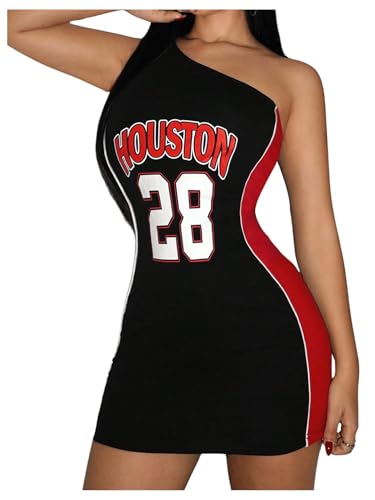 Milumia Women's Number Graphic Sleeveless One Shoulder Bodycon Mini Jersey Dress Black Small