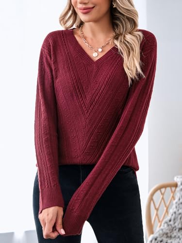 Imily Bela Pullover für Damen Herbst Langarm,V-Ausschnitt,Schulterfrei,Leichter Ausgehöhlt Crochet Strickpullover(Weinrot,S)