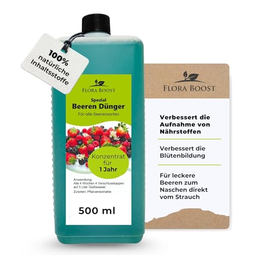 Konfitee Beeren Dünger Flora Boost 500ml I Für bis zu 100L Gießwasser I Obst Dünger für alle Beeren Sorten geeignet I Flüssiger Blatt- & Wurzeldünger I 100% natürlicher Pflanzendünger