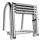 Marinebaby 4 Steps Pontoon Boat Ladder, Stainless Steel Folding Telescoping Rear Entry Inboard Ladder Heavy Duty Custom Swim Deck Ladder with Pedal Hand Railing Ladder Dock Ladder Extra Wide Steps