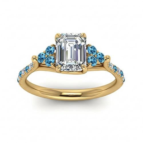 Image of Choose Your Gemstone Emerald Cut Petite Cathedral Diamond CZ Ring Yellow Gold Plated Emerald Shape Petite Engagement Rings for Women, Girls and Ladies US Size 4 to 12