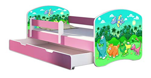ACMA Lit Enfant 80 x 160 cm avec Tiroir, Matelas et Sommier à Lattes - Lit Junior avec Barrière de Sécurité, Personnalisé Motif 30 Dinosaures - Rose, Lit pour Fille...