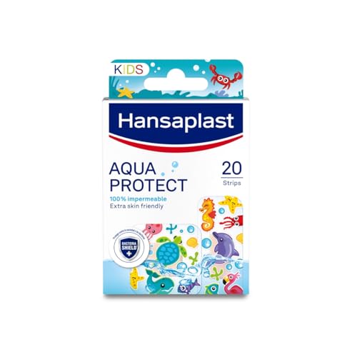 Hansaplast Aqua Protect Apósitos para heridas infantiles, Apósitos impermeables, Almohadilla antiadherente, Transpirables, flexibles y transparentes, 20 unidades