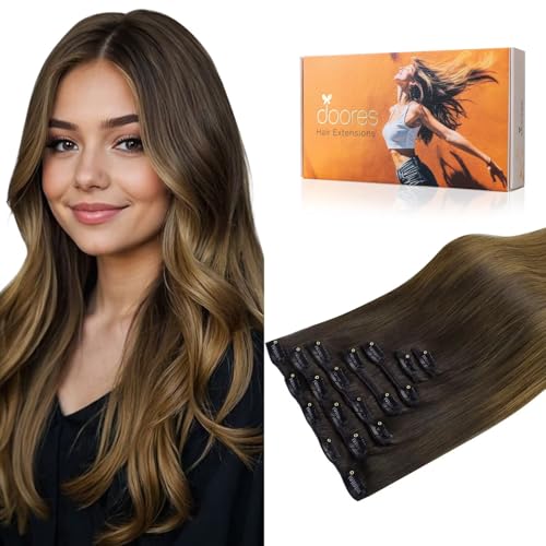 Image of DOORES Human Hair Extensions Clip Ins, Chocolate Dip Color Melt 18 Inch 7pcs 120g, Clip in Hair Extensions Remy Natural Hair Extensions Thick Silky Straight Hair