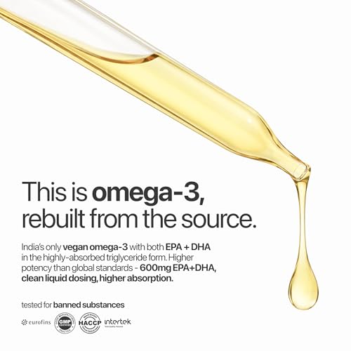 Image of Deep Impact Microalgae Omega 3 Oil |Supplement | 600mg DHA + EPA per Serve | Vegan |Omega 3 from Algae | Zero Capsules, No Fishy Taste | Orange Flavoured | Liquid form| For Eye, skin & joints | No Burps