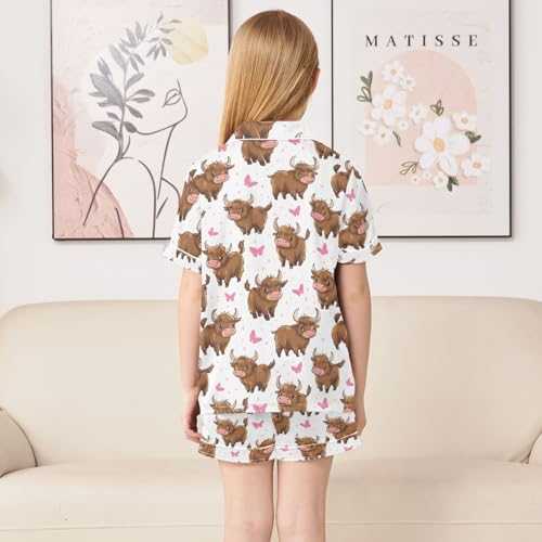 Cattle Butterfly Pattern Summer Satin Pajama Set, Cute Button-Down Sleepwear Pj Set for Sleep Wears4