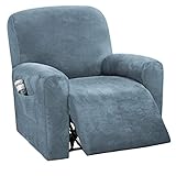 H.VERSAILTEX Velvet Stretch Recliner Couch Covers 4-Pieces Style Recliner Chair Covers Recliner Cover for Reclining Chair Slipcovers Feature Non Slip Form Fitted Thick Soft Washable, Stone Blue