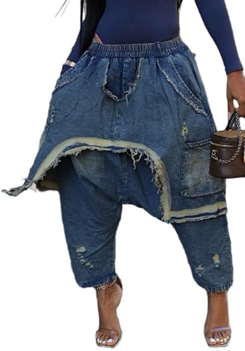 Vaceky Denim Harem Pants Women Elastic Waist Distressed Cropped Baggy Cargo Jeans