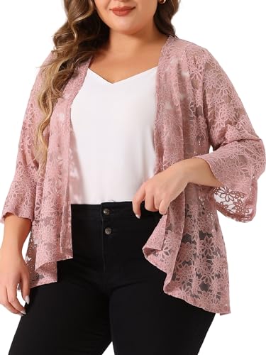 Image of Agnes Orinda Women Plus Size Open Front Lace Cardigans | 3 /4 Bell Sleeve Sheer Formal Bolero Shrugs Lightweight Floral Crochet Cover Up