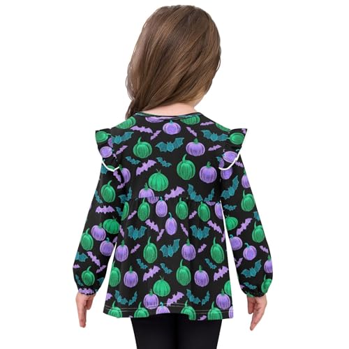 Fluorescent Pumpkin Bat Girls Shirts Cotton Long Sleeve Ruffle Toddler Tee Tops4