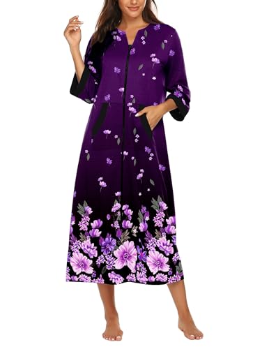 Image of Ekouaer Women Zipper Robe 3 /4 Sleeves Loungewear Dress Full Length Sleepwear Pockets Housecoat Nightgown Long Bathrobe