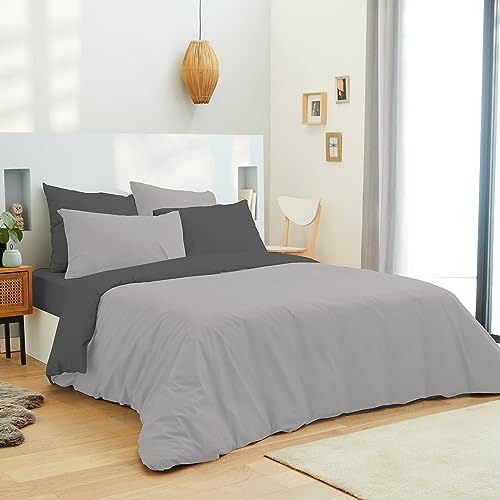 Pack complet 6 pièces Bicolore réversible housse de couette 260 x 240 cm lit 180 x 200 cm 