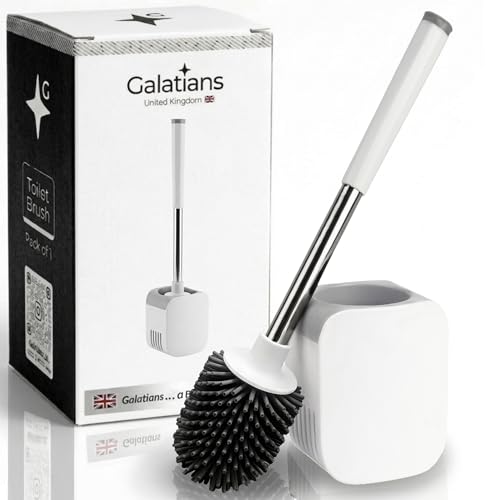 Toilet Brush and Holder Set | Silicone Freestanding or Wall Mounted Loo Brush | Hygienic TPR Bristles with Hidden Tweezers | White | Galatians
