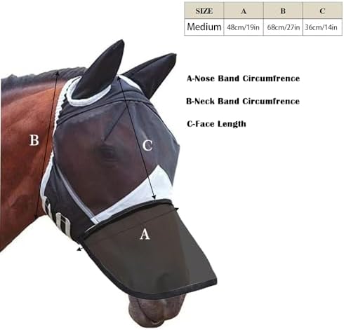 Horse Fly Mask Large Eye Space Long Nose with Ears UV Protection for High Elastic Satin and Mesh Breathable Horses Upgrade Adjustable Super Comfort Masks Breathability Pony Mini Equine - 1