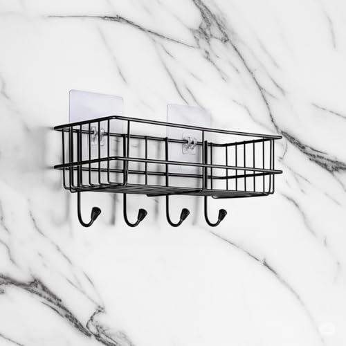 Image of Self Adhesive Bathroom Shelf with Hooks, Stainless Steel Wall Mounted Organizer Rack, Towel Holder, Bathroom Storage Shelf, Rustproof (Black, Pack of 1)