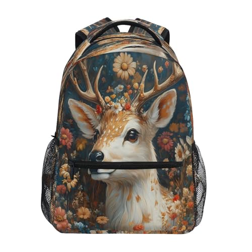 Colorful Deer Blossom Reindeer Flower Backpack for School Boys Girls Adults Kids Bookbag Laptop Bag 18L