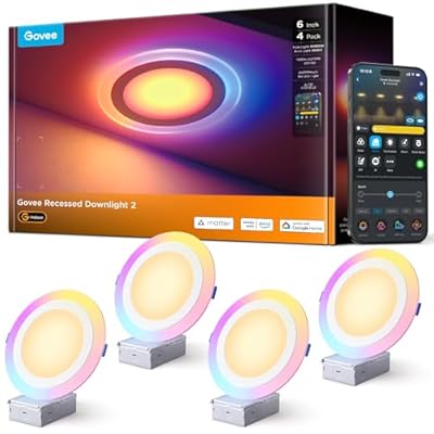Govee Smart Recessed Lighting 6 Inch, Matter RGBIC LED Recessed Light Work with Alexa, Google Assistant, Dimmable 1100LM Canless Downlight with Junction Box for Living Room, Bedroom, Kitchen 4 Pack