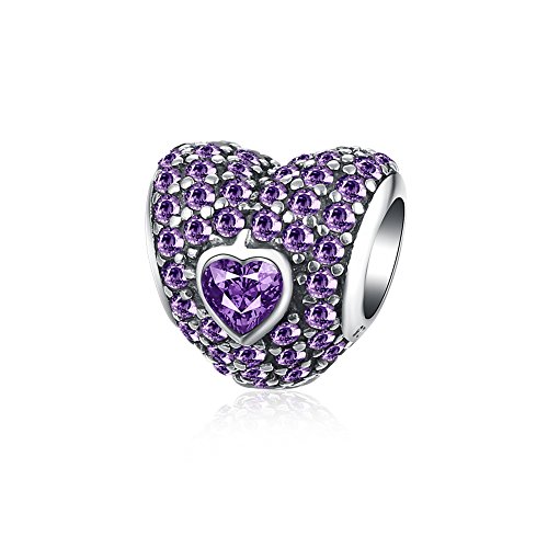 HMILYDYK"Love You Forever" Heart Charm Bead CZ Crystal 925 Sterling Silver fit Pandora Charms Bracelet (Purple)