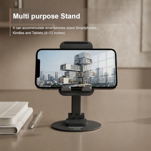 Image of iVOOMi 360 Rotating Mobile Stand for Desk, Adjustable Foldable Phone Holder with Anti-Skid Design, Metal Mobile Stand for Smartphones, Tablets & iPad