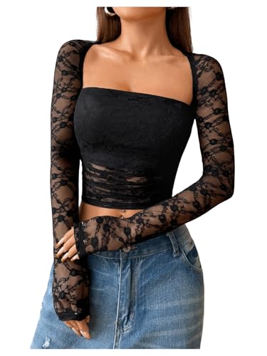 Women's Lace Sheer Mesh Ruched T Shirt Square Neck Long Sleeve Slim Fit Crop Tops
