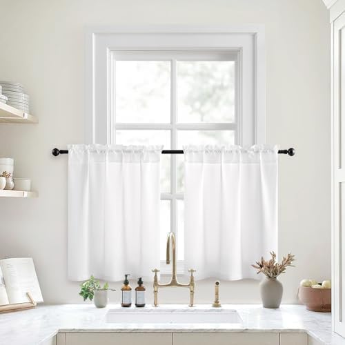 HOMEIDEAS Sheer Curtains 36 Inch Length, Non See Through White Privacy Semi Light Filtering Elegant Lightweight Short Window Drapes for Living Room, Bedroom, Kitchen,30 X 36 Inches 2 Panels Set