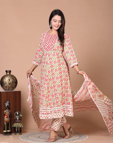 Image of Queens World Women's Anarkali Pure Cotton Floral Printed Kurta Pant Set With Dupatta (M To 2XL- Size)