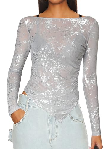 Women's Long Sleeve See Through Glitter Tops Ladies...