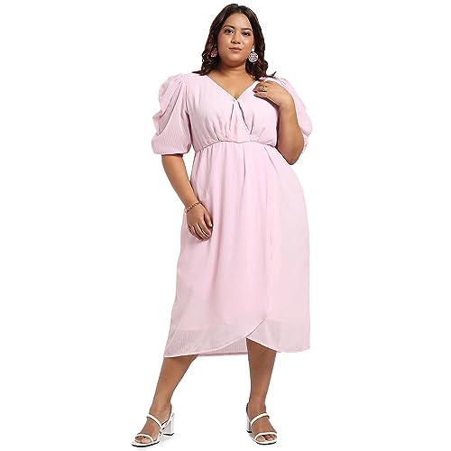 Image of Instafab Plus Women's Baby Pink Petal Hem Dress for Casual Wear | Puff Sleeve | Polyester Fabric | V-Neck Dress Crafted with Comfort Fit for Everyday Wear
