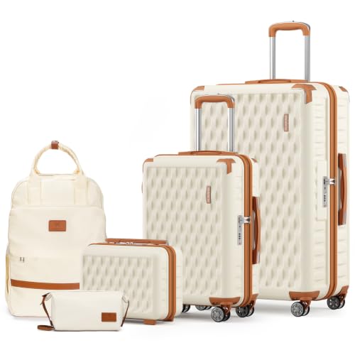 Image of Melalenia Luggage Sets 5 Piece Hard Shell Carry on Suitcase with Spinner Wheels and TSA Lock, Lightweight Travel Backpack for Women, Men, Beige Brown